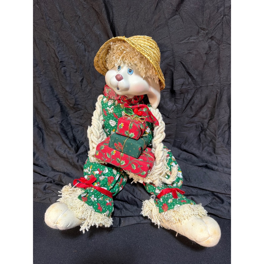 Vintage Christmas Bunny Doll Straw Hat Green Holiday Overalls Gift Stack Decor